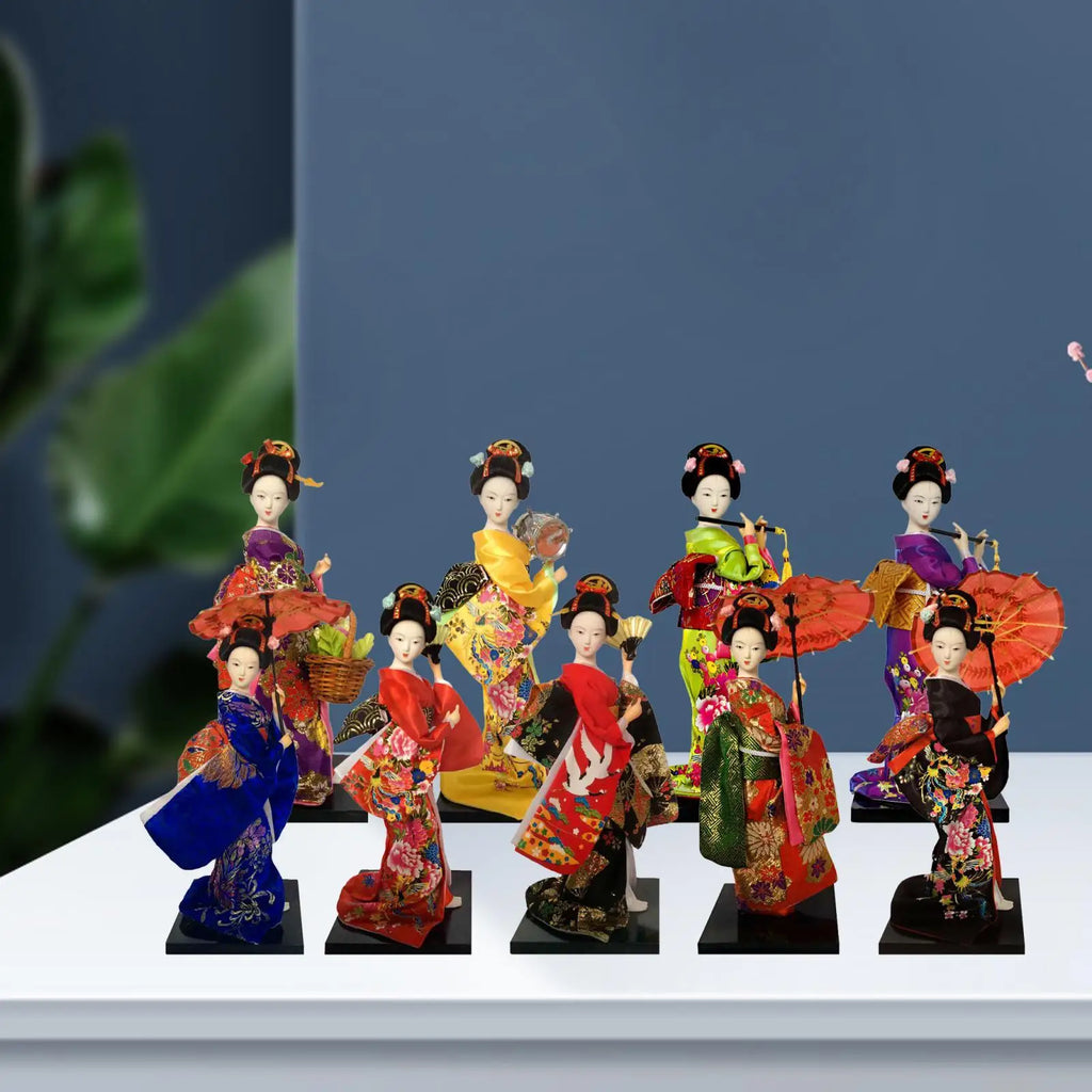 Japanese Geisha 9" Free Standing Oriental Ancient Kabuki Girl Statue Kimono Dolls Ornament for Shelf Table Home Office Decor