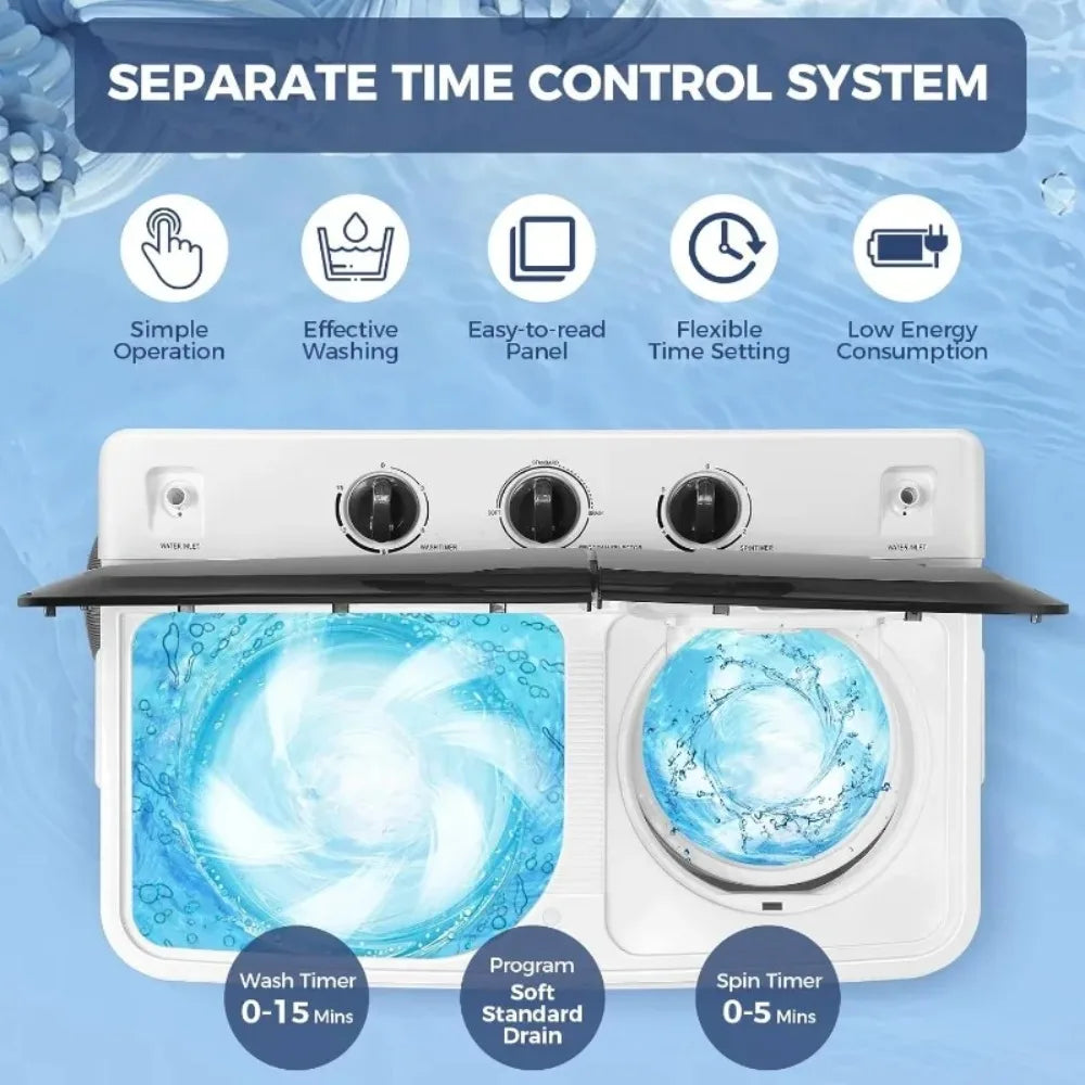 30Lbs Capacity Portable Washing Machine Twin Tub Compact Laundry Machine with Built-in Drain Pump, Washer and Spin Drye