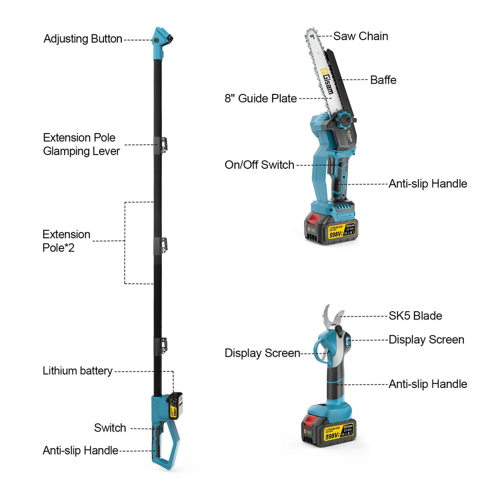 Gisam 4 in 1 Brushless High Branch Saw Chainsaw & Pruning Shears Garden Tool With Telescoping Pole For Makita 18v Battery Pin
