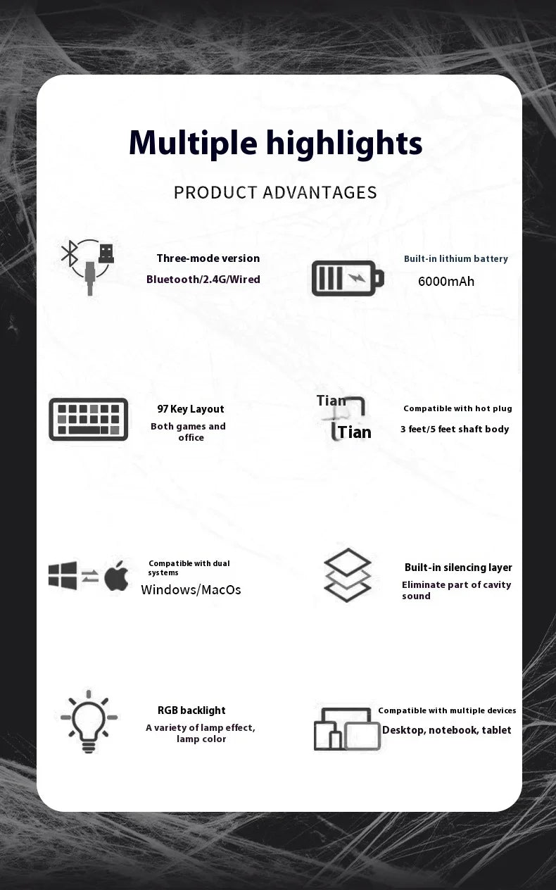 ZORNHER Zuohe ZH980 Spider Web Mechanical Keyboard 3mode RGB Wireless Gaming Keyboards Hot Swap Customise Pc Accessories Gifts