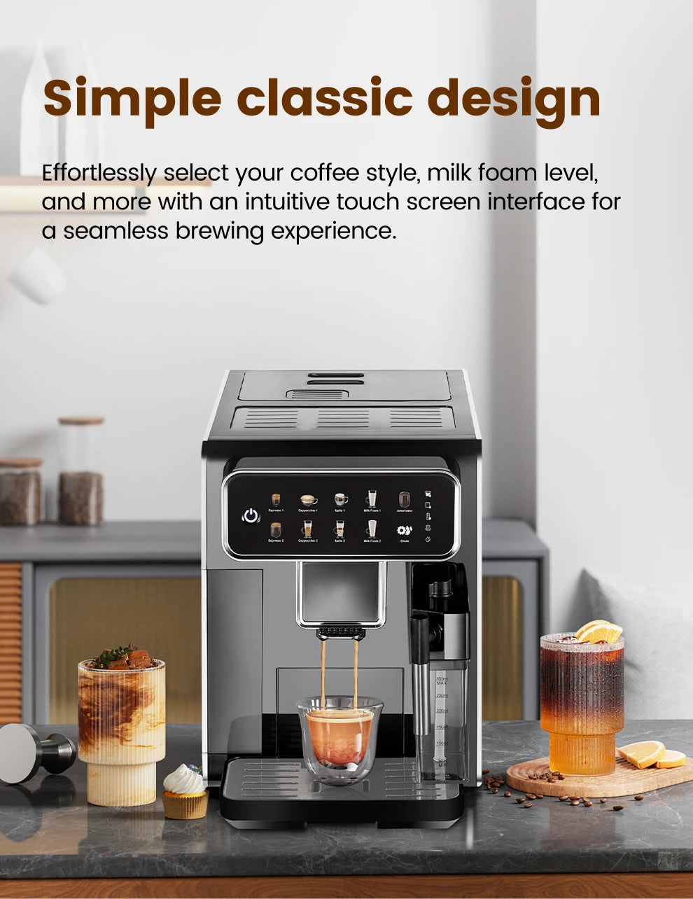 Mcilpoog CM7203 Automatic Espresso Machine ，Built-In Milk Frother & Tank, 7 Coffee Varieties, Touchscreen