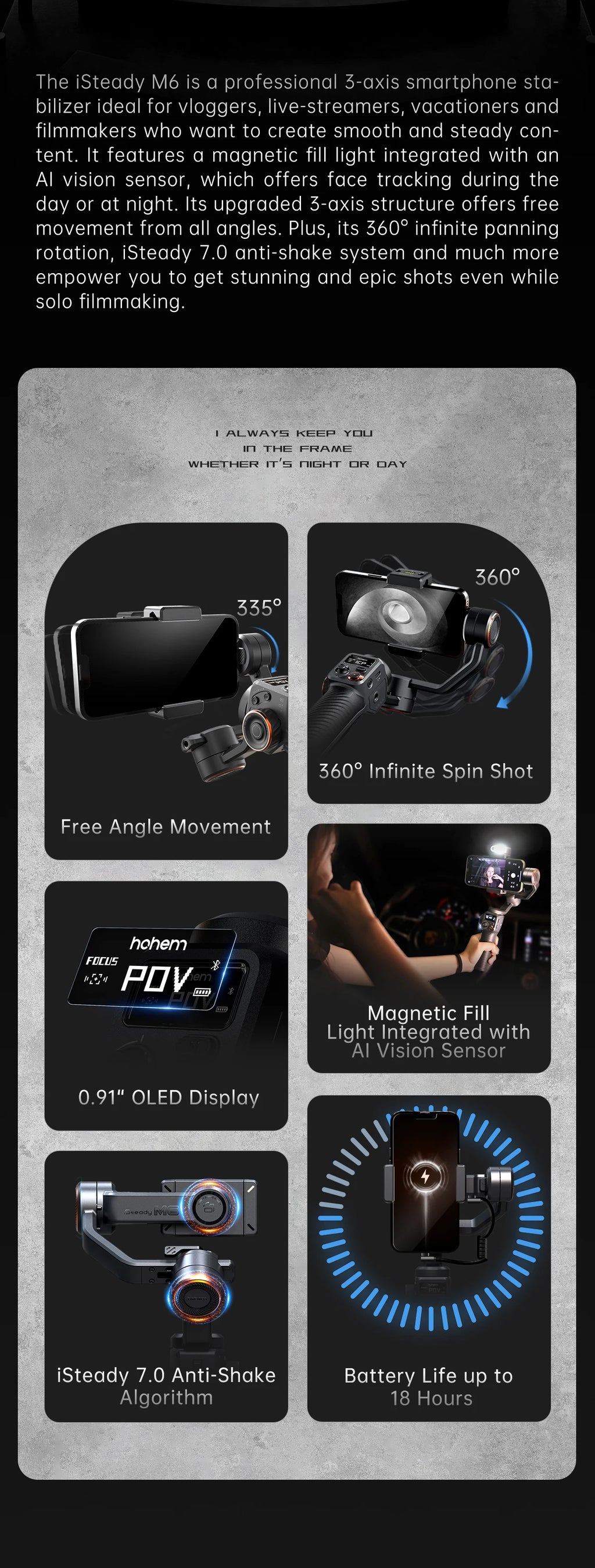 Hohem iSteady  M6 3-Axis Handheld Stabilizer hohem m7 Gimbal for Smartphone w Magnetic Fill Light Face Tracking pk weebill m7
