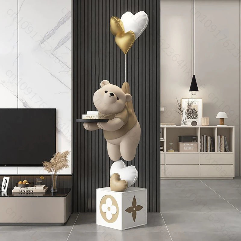 Large Floor Art Statue Home Decor Standing Ornaments Bear Sculpture with Tray Cartoon Bear Figurine for Living Room Stylish