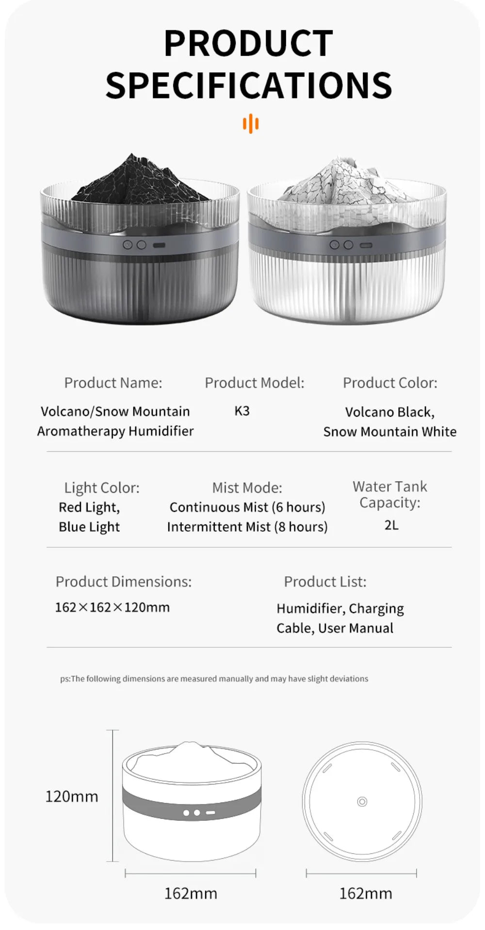 Volcano Air Humidifier Snow Mountain Essential Oils Diffuser Large Capacity Water Tank USB Aroma Diffuser Colorful Night Lights