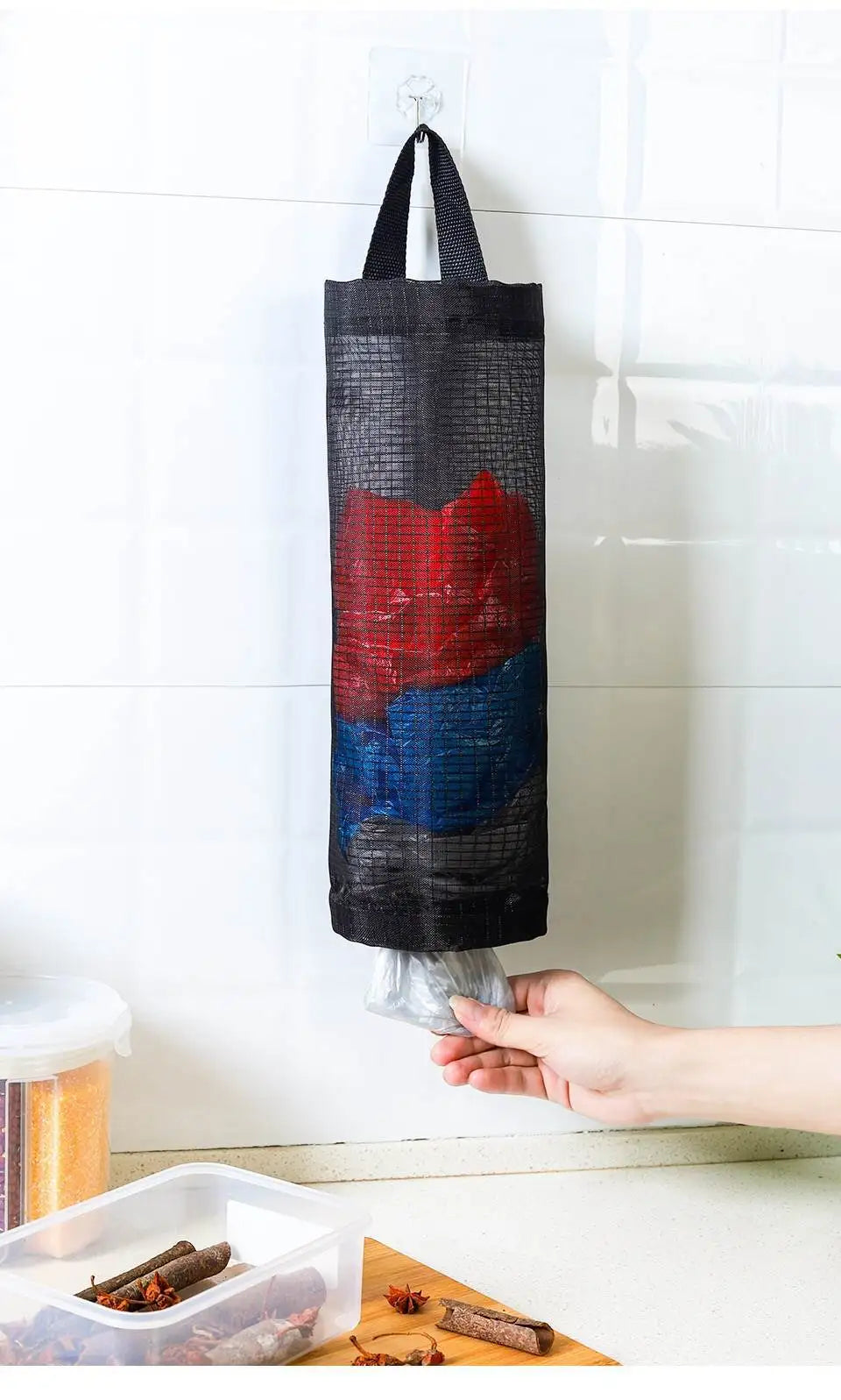 Home Grocery Bag Holder Wall Mount Plastic Bag Holder Dispenser Hanging Storage Trash Garbage Bag Kitchen Garbage Organizer