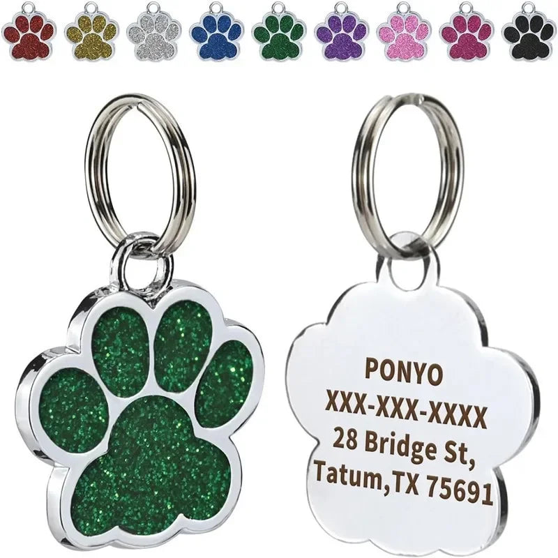 Free Personalized Dog Cat Plate Tags Engraved Puppy Pet ID Name Collar Tag Alloy Paw Glitter Pendant Pets Dogs Accessories