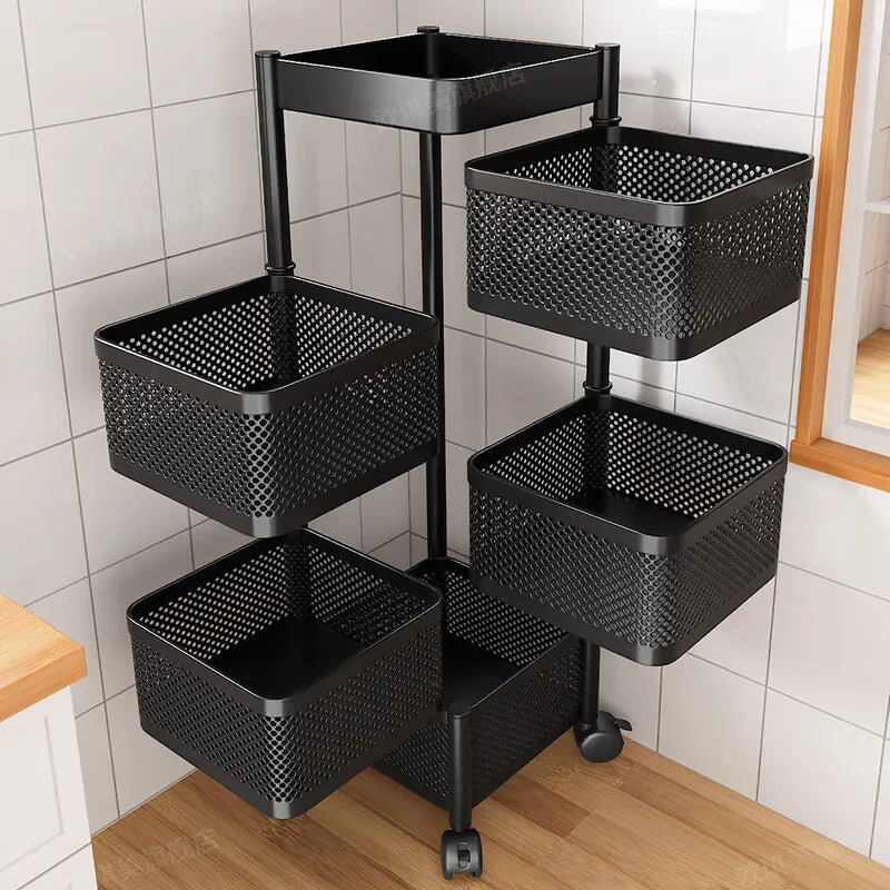 Square Rotating Storage Rack Kitchen Floor-To-Ceiling Multi-Layer Snacks Fruits And Vegetables Sundries Rolling Trolley Basket