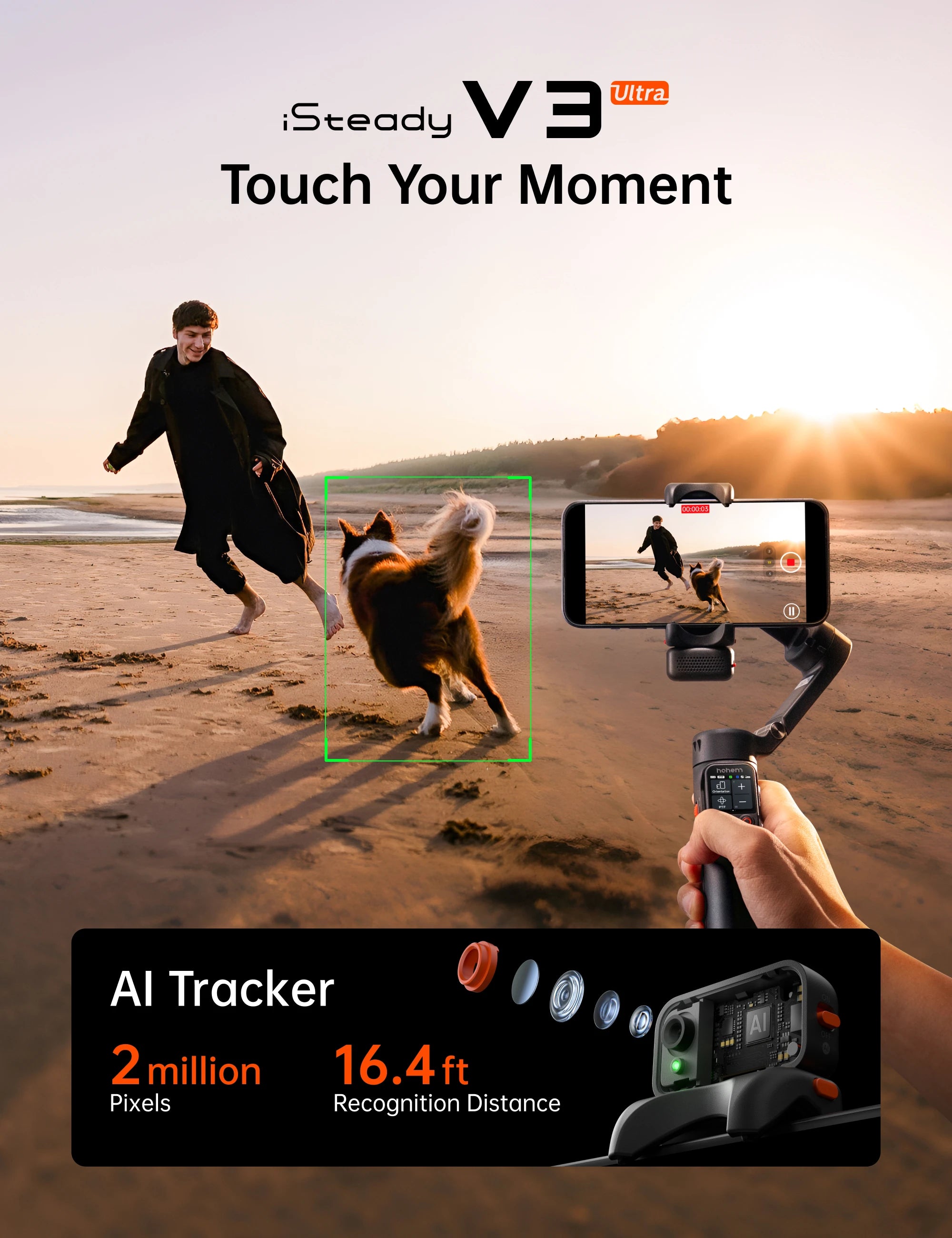 Hohem iSteady V3 Ultra Gimbal Stabilizer for iPhone with AI Auto Tracking Detachable Touchscreen Remote Phone Gimbal