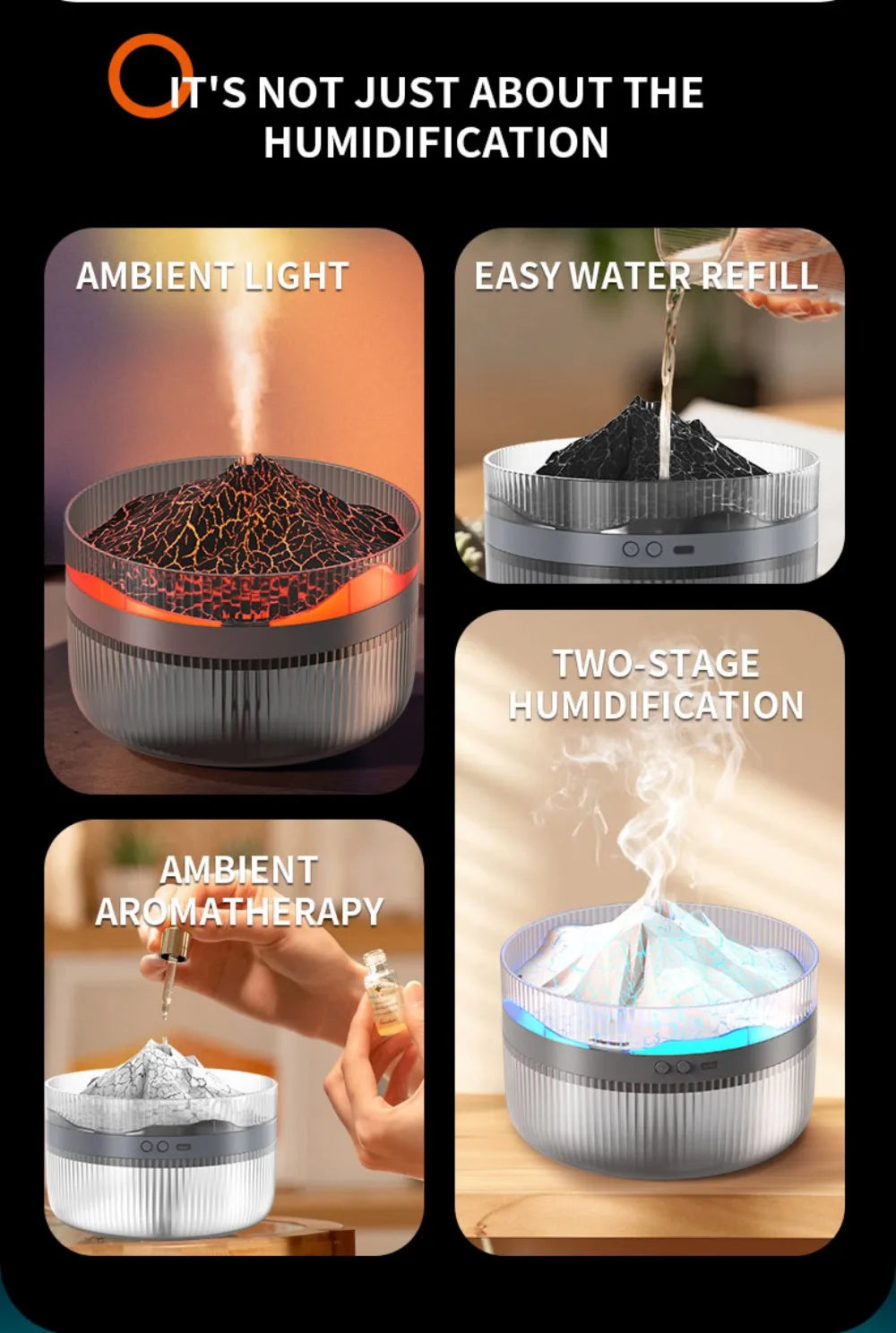 Volcano Air Humidifier Snow Mountain Essential Oils Diffuser Large Capacity Water Tank USB Aroma Diffuser Colorful Night Lights