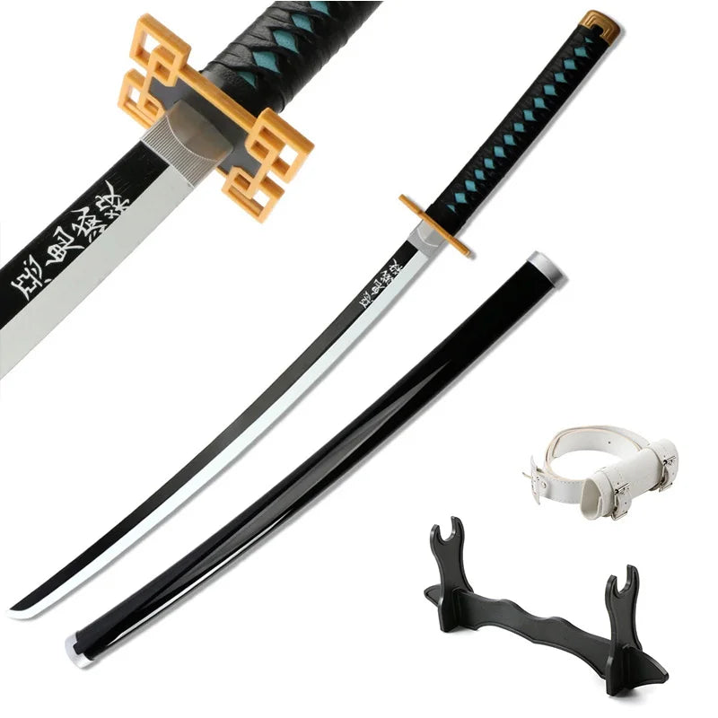 Demon Slayer Katana 104cm Giyuu Blue Role-playing Weapons Props with Sword Holder and Belt 1: 1 Replica  Japanese Samurai Sword