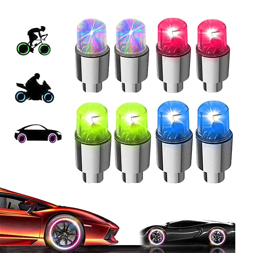 4Pcs LED Wheel Lights -Bike Tire Valve Stem Neon Light Bulb for Car Motorcycle Bicycle Tyre Dust Cap Waterproof Flash Stems Caps
