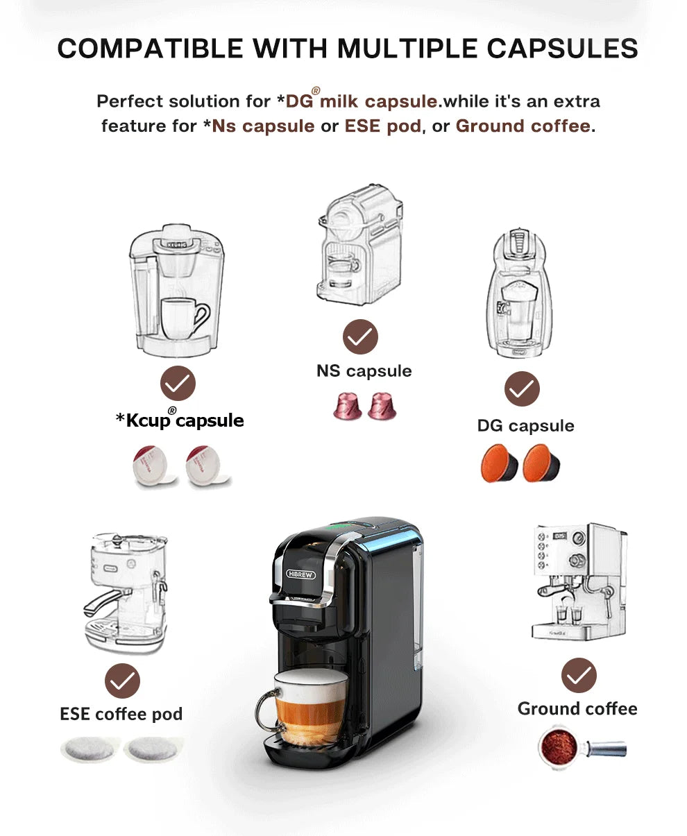 HiBREW 5 in 1 Multiple Capsule Coffee Machine Hot/Cold DG Cappuccino Nes Small Capsule ESE Pod Ground Coffee Cafeteria 20Bar H2B