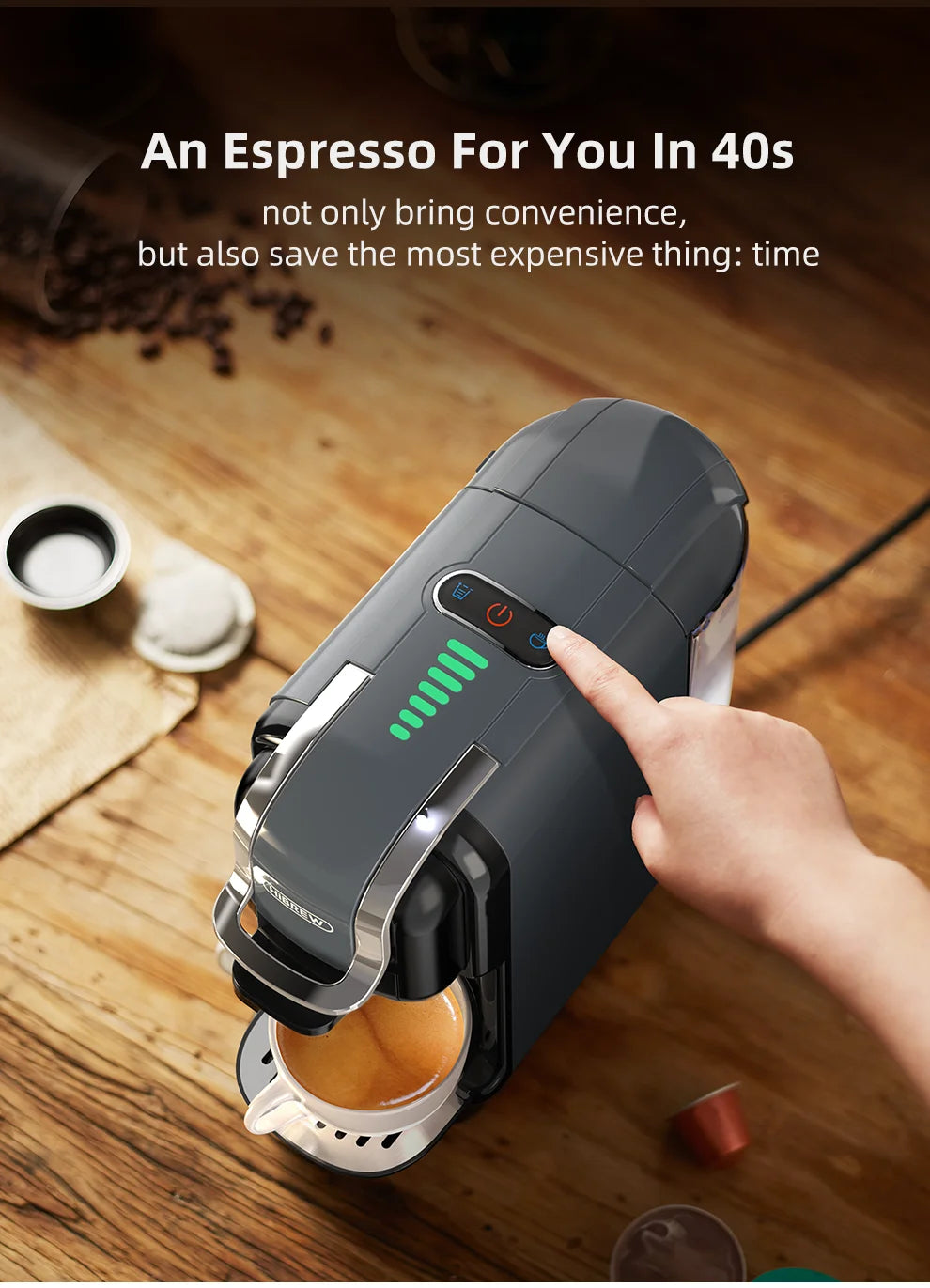 HiBREW 5 in 1 Multiple Capsule Coffee Machine Hot/Cold DG Cappuccino Nes Capsule ESE Pod Ground Coffee Cafeteria 20Bar H2B Grey