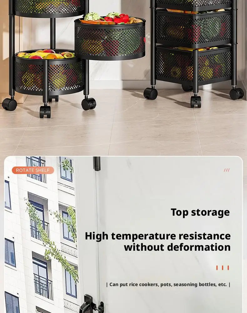 Square Rotating Storage Rack Kitchen Floor-To-Ceiling Multi-Layer Snacks Fruits And Vegetables Sundries Rolling Trolley Basket