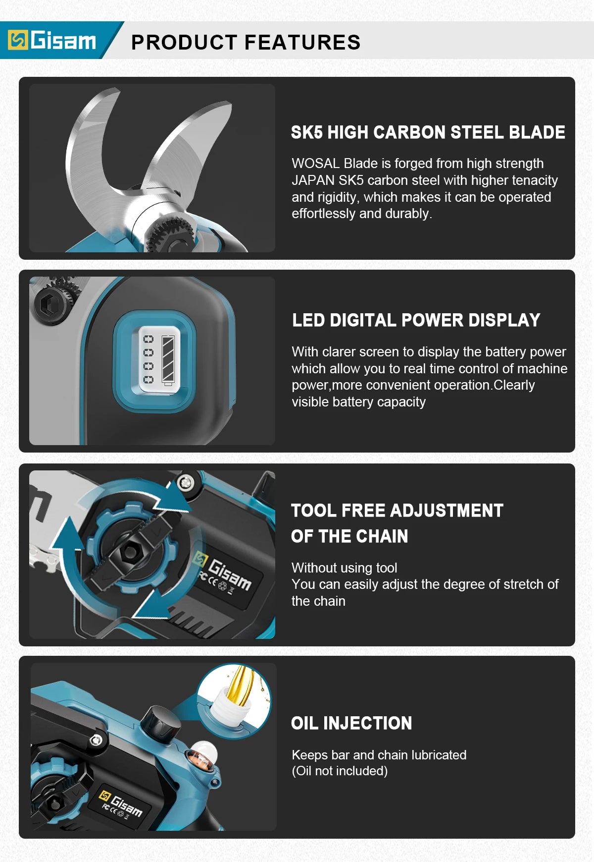 Gisam 4 in 1 Brushless High Branch Saw Chainsaw & Pruning Shears Garden Tool With Telescoping Pole For Makita 18v Battery Pin