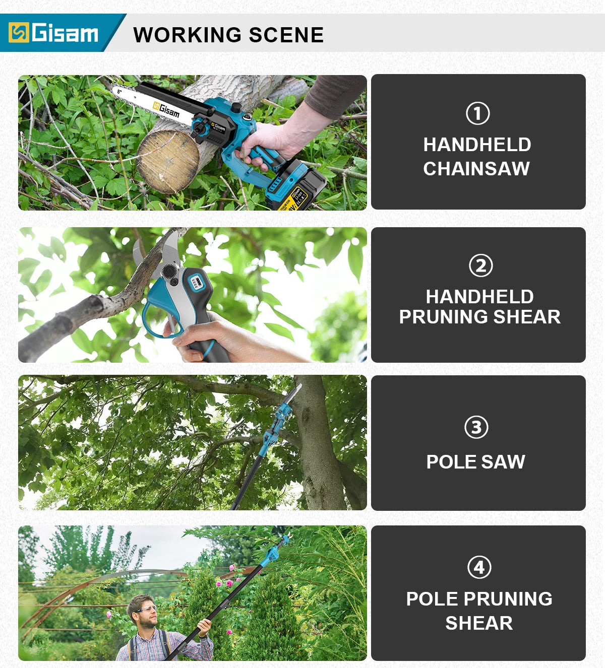 Gisam 4 in 1 Brushless High Branch Saw Chainsaw & Pruning Shears Garden Tool With Telescoping Pole For Makita 18v Battery Pin