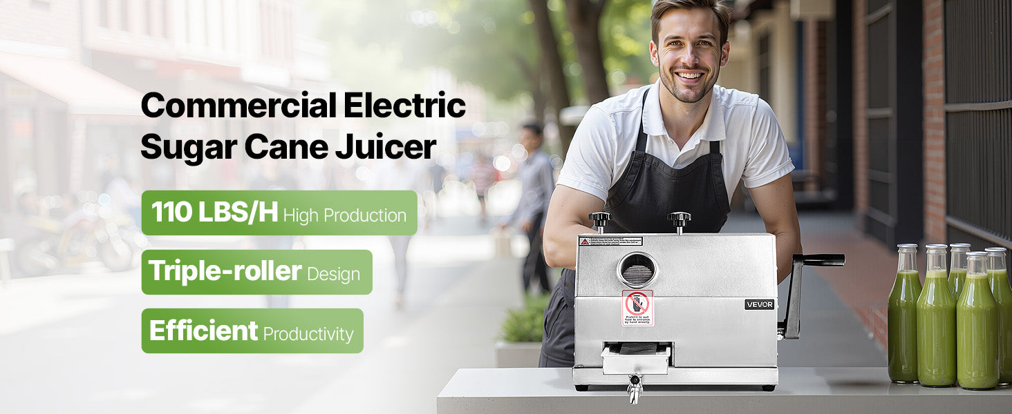 SucceBuy Commercial Sugar Cane Juicer 110LBS/H High Output Sugarcane Juicer Machine w/3 Stainless Steel Rollers 2.4" Large Inlet